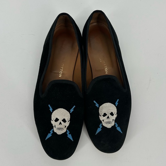 Stubbs & Wootton Skull Lightning Embroidered Suede Loafers Smoking Slippers 7.5 - Picture 3 of 14